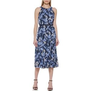 Tommy Hilfiger Floral Belted Woven Midi Shift Dress Black Blue Size 4P NWT